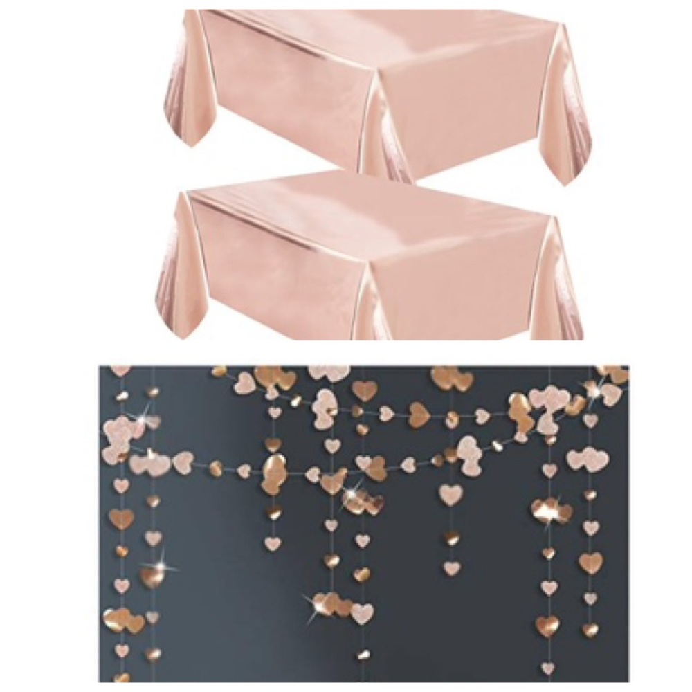 2pc Rose Gold Disposable Table Clothes 54” x 108” and 4 Heart Garlands 13ft each